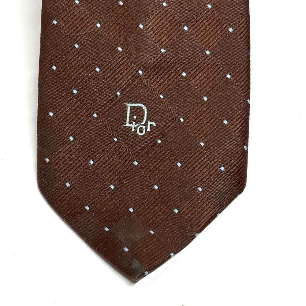 Christian Dior Necktie Mens OS Brown Silk Blend Diamond Micro Dot Vintage - Picture 2 of 5